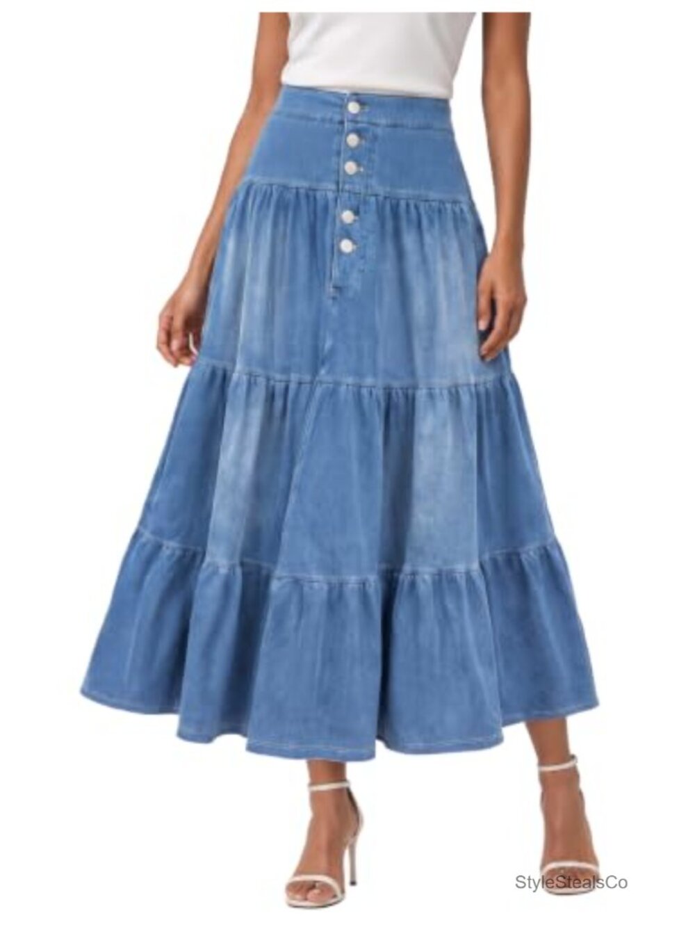 Womens Long Denim Maxi Skirt High Waist Pleated Tiered Ruffle Stretch